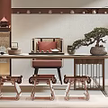 Chinese Style Interior With Tea Table Chairs Tea Sets And Bonsai Decor 3d model