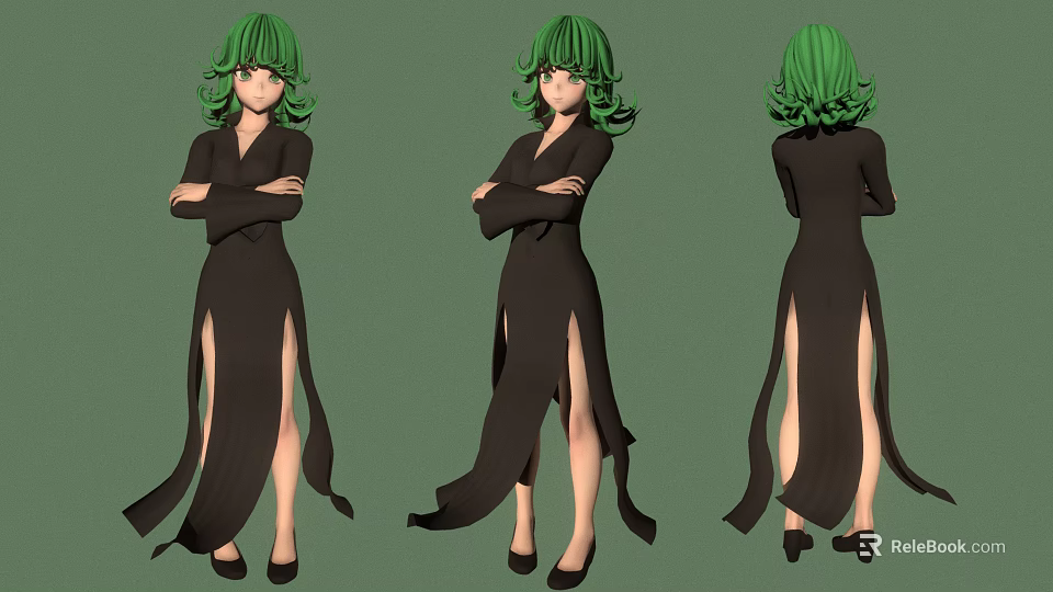 Character With Green Hair In Black Dress Arms Crossed Three Angles Standing View 3d model 