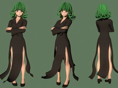 Character With Green Hair In Black Dress Arms Crossed Three Angles Standing View 3d model