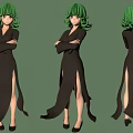 Character With Green Hair In Black Dress Arms Crossed Three Angles Standing View