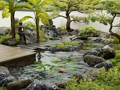 Serene Water Fountain with Rocks Wooden Deck Stone Lantern Pine Palm Trees and Water Lilies 3d model