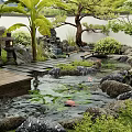 Serene Water Fountain with Rocks Wooden Deck Stone Lantern Pine Palm Trees and Water Lilies