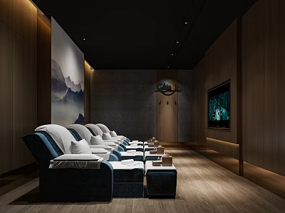 Modern SPA Lounge With Wooden Walls Mountain Painting Navy Blue Recliners White Cushions And TV 3d model