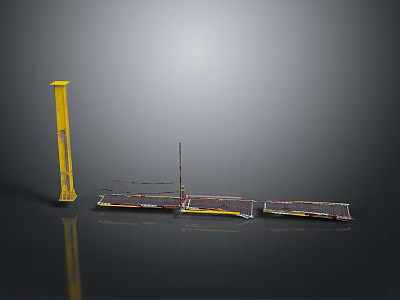 Yellow Metal Column And Various Structured Frames On Black Smooth Surface With Gray Background 3d model