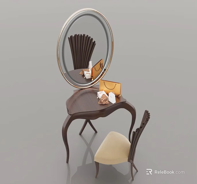Elegant Wooden Dressing Table Design With Round Mirror Chair And Decorative Items 3d model 