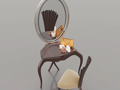 Elegant Wooden Dressing Table Design With Round Mirror Chair And Decorative Items 3d model