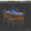 Wooden Dining Table Set With Four Chairs Tableware Vase And Decorations 3d model