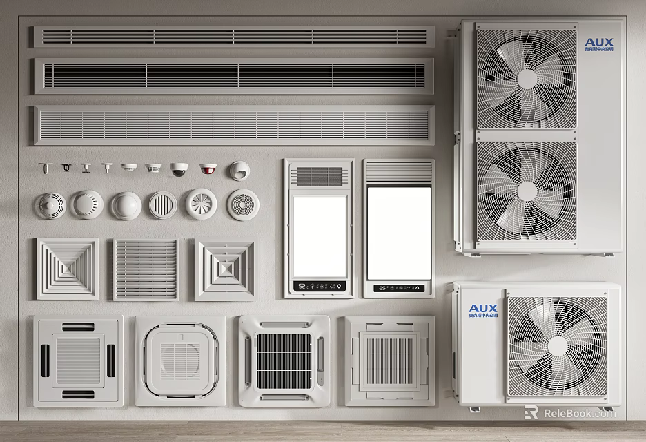 AUX Air Conditioner Vents With Various Types Designs And Indoor Units 3d model 