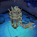 Mystical Blue Ice Scenery With Central Metal Structure Chains Ice Crystals Rocks And Spiked Plants
