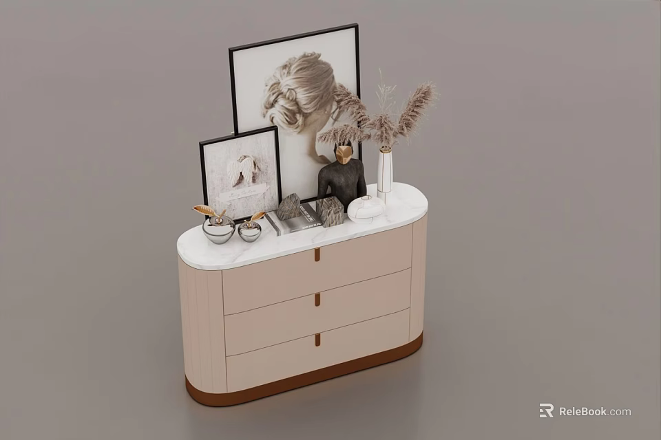 Modern Bedside Table With White Top Drawers Photo Frames Vase And Dried Flowers Decor 3d model 