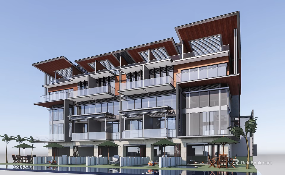 Modern Townhouse Multi Storey Design With Large Glass Windows Wooden Roofs And Balconies 3d model 