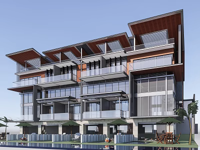 Modern Townhouse Multi Storey Design With Large Glass Windows Wooden Roofs And Balconies 3d model
