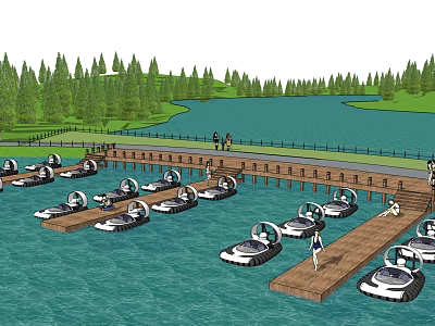 Scenic Lake Dock Area With Pedal Boats Trees And People Enjoying Recreational Activities 3d model