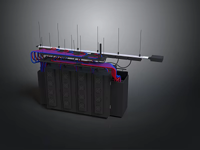 Black Communication Equipment Component With Multiple Antennas Red Blue Wires And Metal Bracket 3d model