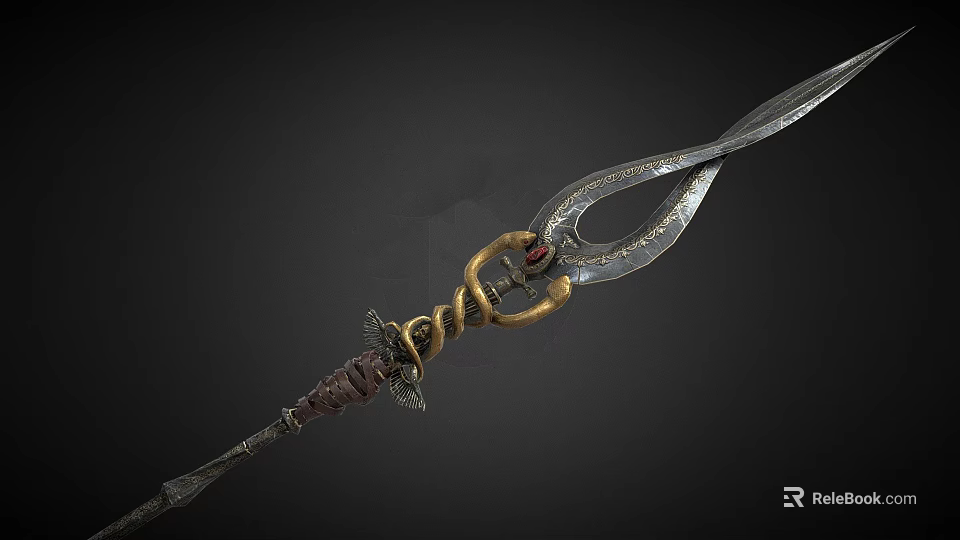 Ornate Ancient Polearm With Curved Blade Golden Rings Brown Wrapped Handle And Metal Details 3d model 
