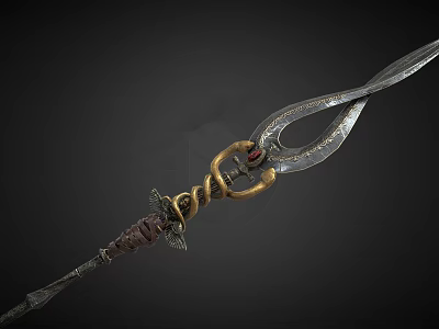 Ornate Ancient Polearm With Curved Blade Golden Rings Brown Wrapped Handle And Metal Details 3d model