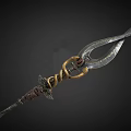 Ornate Ancient Polearm With Curved Blade Golden Rings Brown Wrapped Handle And Metal Details