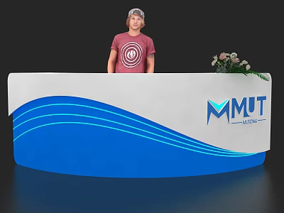 Modern Blue And White Reception Desk With Wavy Design MMUT Agency Logo And Flower Arrangement 3d model