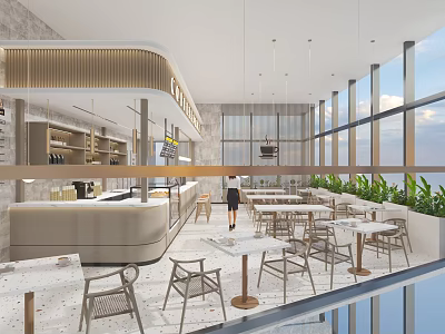 Modern Café Interior Design With Large Windows Counter Tables And Green Plants 3d model