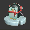 Cute Penguin Figurine Wearing Red Headphones And Red Scarf On Blue Ice Block