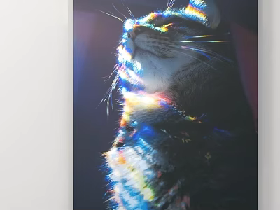 Colorful Light Effects On Cat Fur Looking Up In Dark Background 3d model