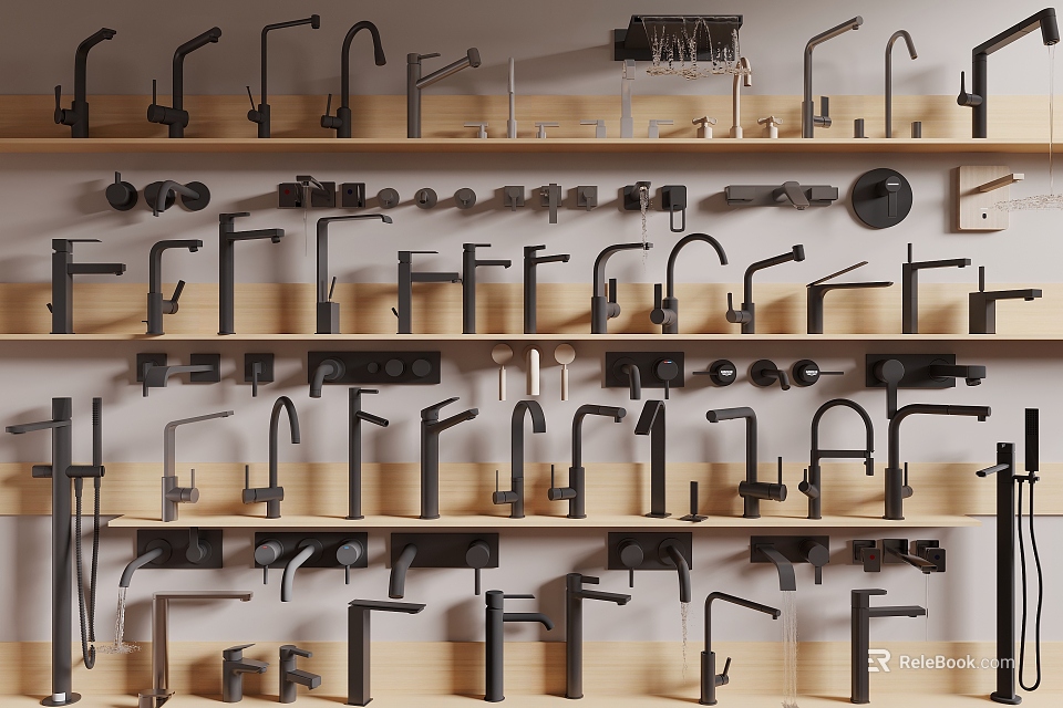 Various Styles Of Faucets Displayed On Wooden Shelves For Kitchen And Bathroom 3d model 