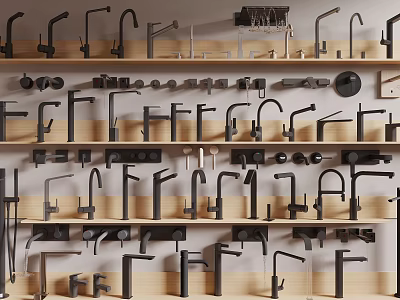 Various Styles Of Faucets Displayed On Wooden Shelves For Kitchen And Bathroom 3d model