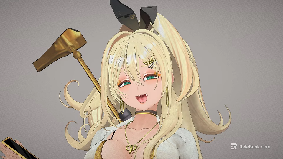 Anime Game Movie Character With Blonde Twin Tails Rabbit Ear Accessories And Golden Staff Weapon 3d model 