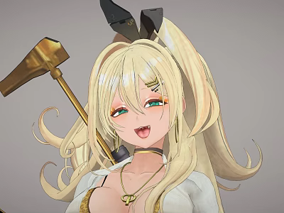 Anime Game Movie Character With Blonde Twin Tails Rabbit Ear Accessories And Golden Staff Weapon 3d model