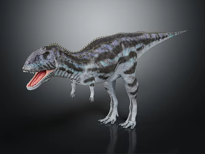 Realistic Tyrannosaurus Rex With Blue Black Patterns Open Mouth Standing On Dark Background 3d model