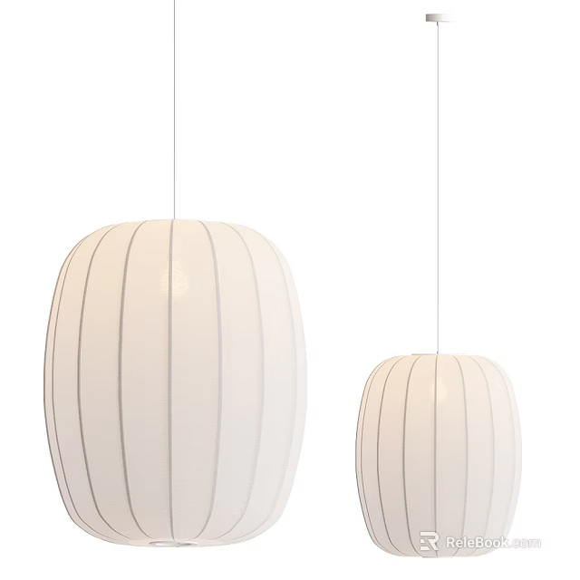 Two White Round Pendant Lights With Modern Minimalist Striped Fabric Shade 3d model 