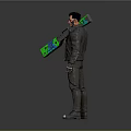 Male Character Bare Chest Black Leather Jacket Holding Large Weapon With Green Blue Accents