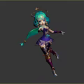Vibrant Game Movie Character With Teal Hair Star Headdress Purple Dress Golden Accents Dynamic Pose