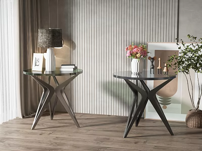 Elegant Glass Top Side Tables With Cross Metal Frame And Flower Vase On Wooden Floor 3d model