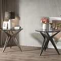 Elegant Glass Top Side Tables With Cross Metal Frame And Flower Vase On Wooden Floor