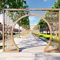 Modern Wooden Archway With Lattice Design In Garden Surrounded By Green Trees