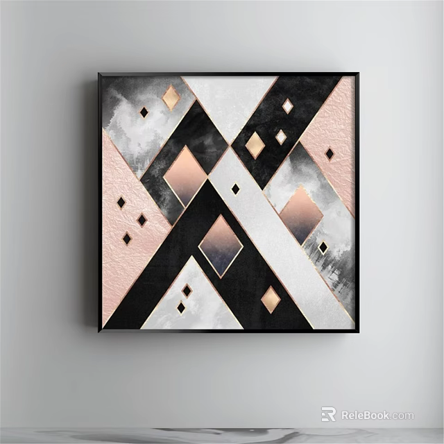 Abstract Painting With Black White Pink Geometric Patterns Diamonds Metallic Accents And Marble Texture 3d model 