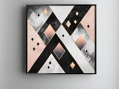 Abstract Painting With Black White Pink Geometric Patterns Diamonds Metallic Accents And Marble Texture 3d model