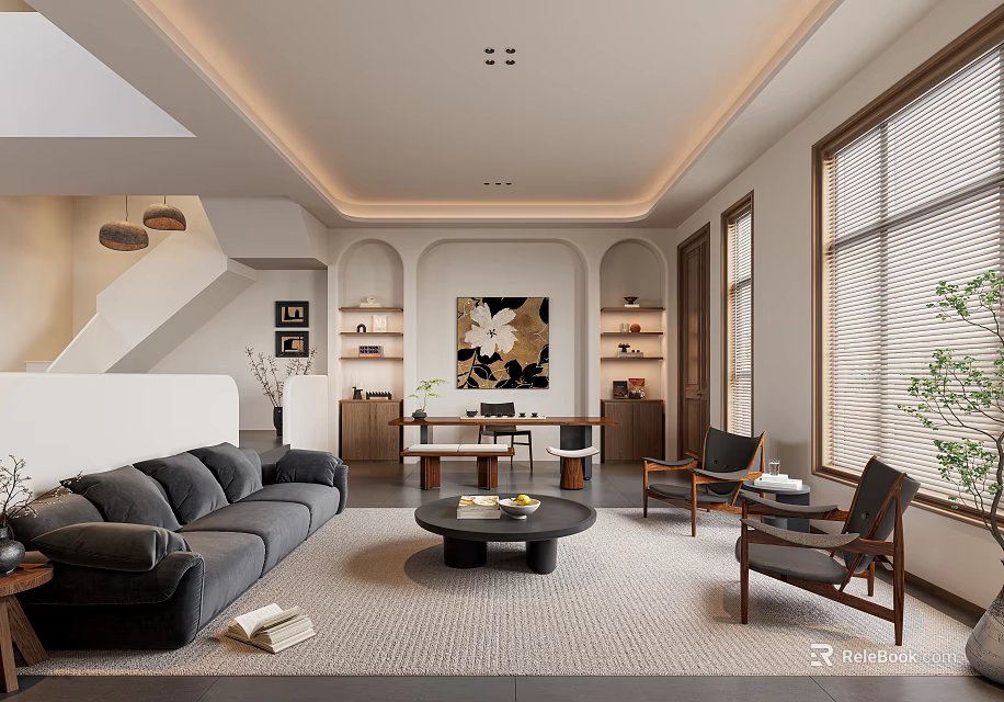 Modern Living Room With Gray Sofa Black Round Coffee Table Staircase Bookshelves And Wall Art 3d model 