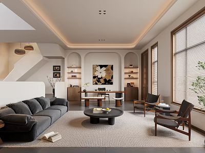 Modern Living Room With Gray Sofa Black Round Coffee Table Staircase Bookshelves And Wall Art 3d model