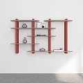Modern Wall Mounted Shelving Unit With Red Frame And Decorative Items On White Wall 3d model