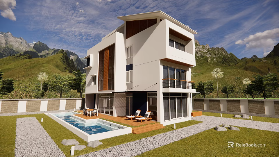 Modern Detached Villa With Swimming Pool Lawn Glass Windows And Mountain View 3d model 