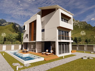 Modern Detached Villa With Swimming Pool Lawn Glass Windows And Mountain View 3d model