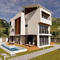 Modern Detached Villa With Swimming Pool Lawn Glass Windows And Mountain View