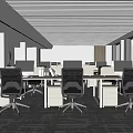Modern Public Office Space With White Workstations Black Chairs Computers Large Windows And Ceiling Lights 3d model