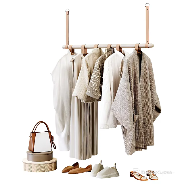 Open Wardrobe with Light Colored Clothes Hanging on Wooden Rod and Minimalist Design 3d model 