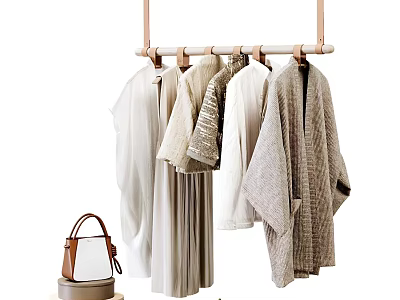 Open Wardrobe with Light Colored Clothes Hanging on Wooden Rod and Minimalist Design 3d model