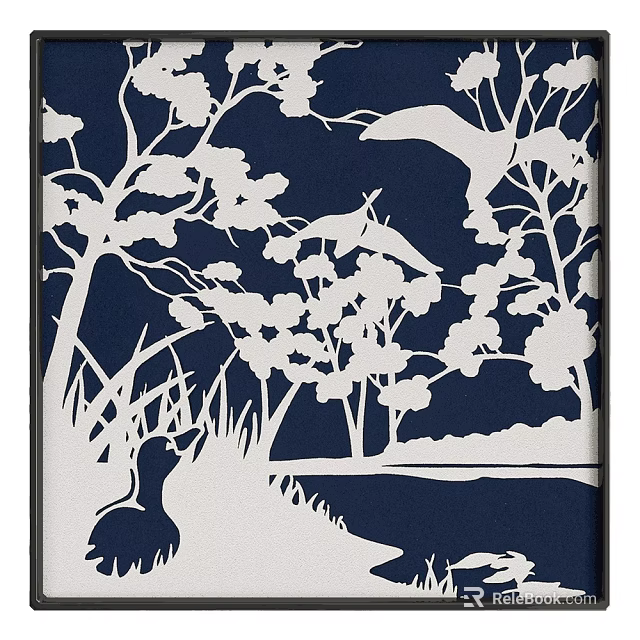 Abstract Painting in Paper Cut Style with White and Blue Trees Birds and Natural Silhouettes 3d model 