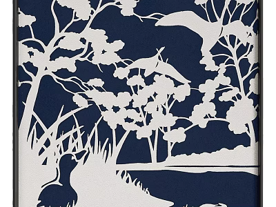 Abstract Painting in Paper Cut Style with White and Blue Trees Birds and Natural Silhouettes 3d model