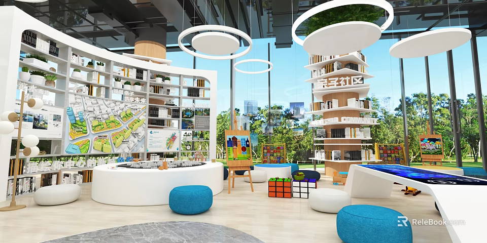 Modern Indoor Learning Space With Bookshelves Round Table Blue Ottomans Easel And Green Views 3d model 